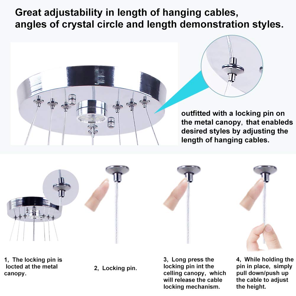 xychfantligh Modern 3 Ring Round Crystal Chandelier Adjustable Stainless Steel Pendant Lighting LED Crystal Ceiling Light Fixture for Living Room Dining Room Bedroom Cool White