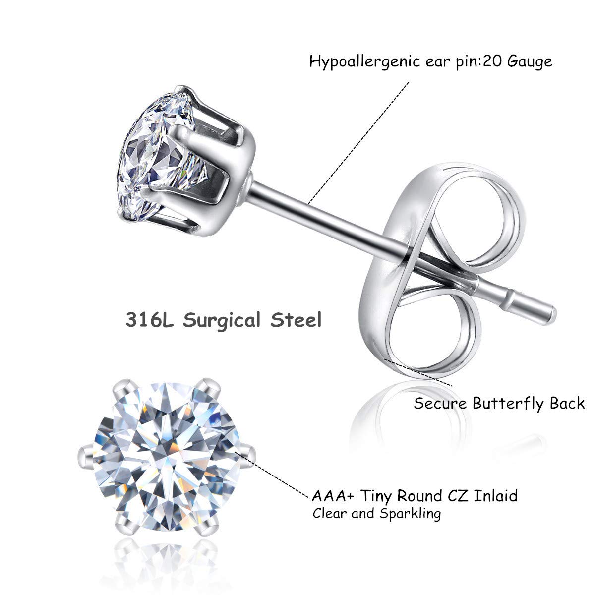 FOSIR 10 Pairs 3mm Tiny Women's Surgical Stainless Steel Clear Cubic Zirconia Stud Earrings, Hypoallergenic 316L Earrings Pack