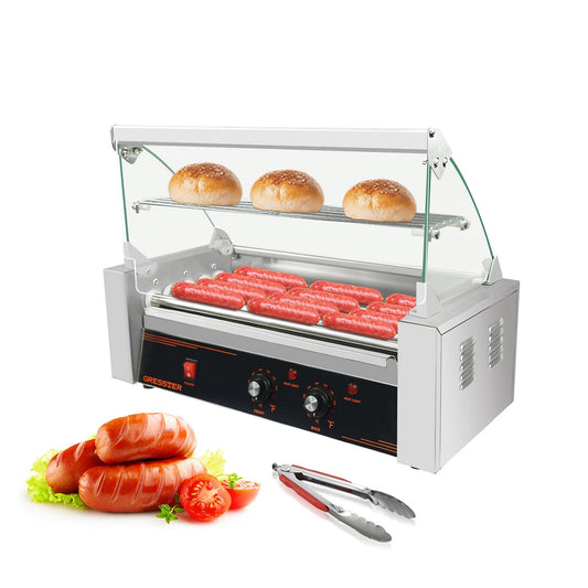 Sovtekr Hot Dog Roller Machine, 5 Rollers 12 Hot Dog Capacity 750W Stainless Dual Temp Control Glass Acrylic Hood, Bun Warmer Shelf Removable Drip Tray, ETL Certified - Commercial & Party Use