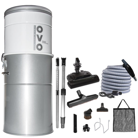 OVO Unit Heavy Duty Powerful Central Vacuum System, Hybrid Filtration (with or Without Disposable Bags) 35L or 9.25Gal, 700 Air watts with 35 ft Carpet Deluxe Accessory Kit, Silver