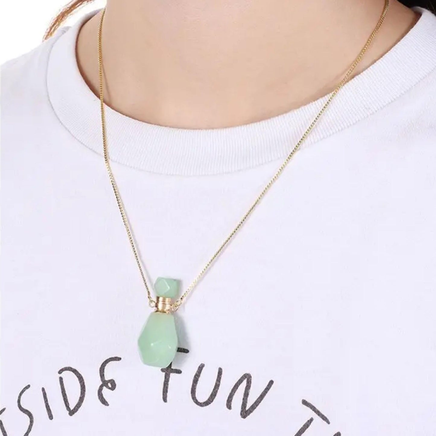14K Yellow Gold Natural Stone Vial Necklace For Women - Glass Vial Pendant Necklace Water Drop Jar Perfume Necklace - Water Container Vial Necklaces For Liquid Oil Diffuser Vial Jewelry