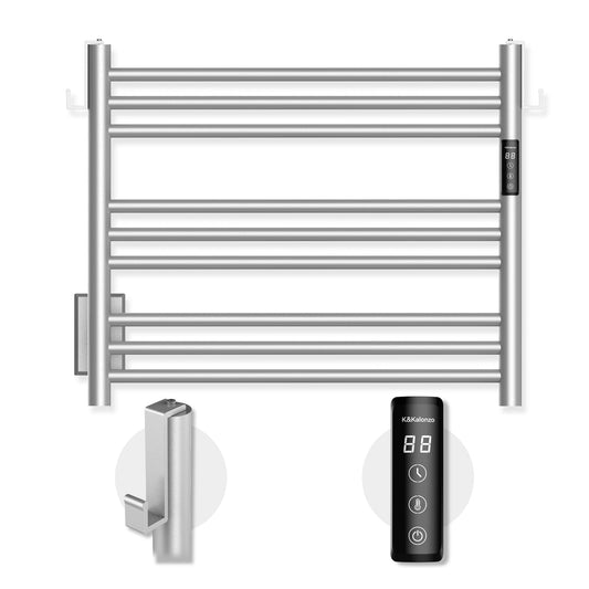 K&KALONZO Towel Warmer for Bathroom, Wall-Mounted 9-Bar Heated Towel Rack with Built-in Timer, Waterproof Electric Towel Heater, Support Plug-in and Hardwired, Brushed, EL13S