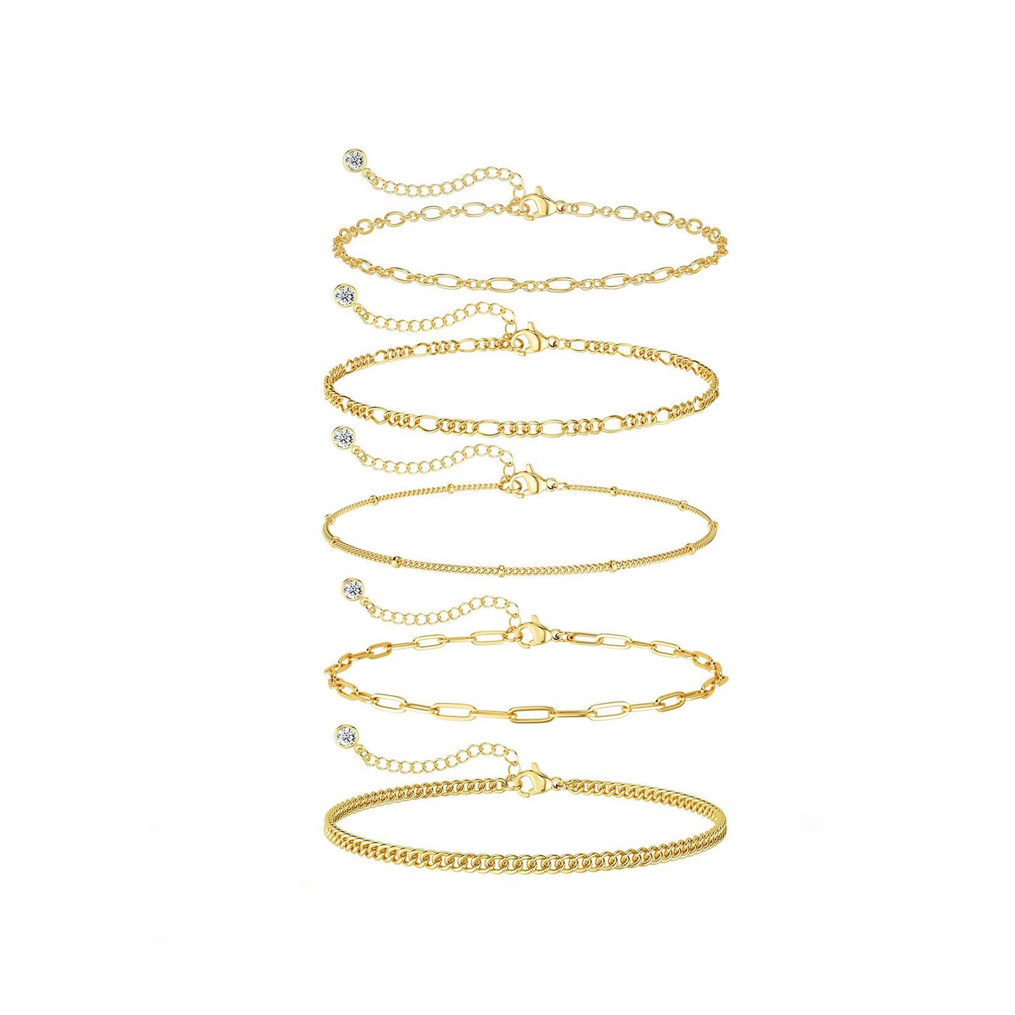 DEARMAY 14K Gold Plated Bracelets for Women, Jewelry Sets Trendy Dainty Stackable Paperclip Rope Snake Box Figaro Chain Bracelets Pack Costume Fashion Gifts