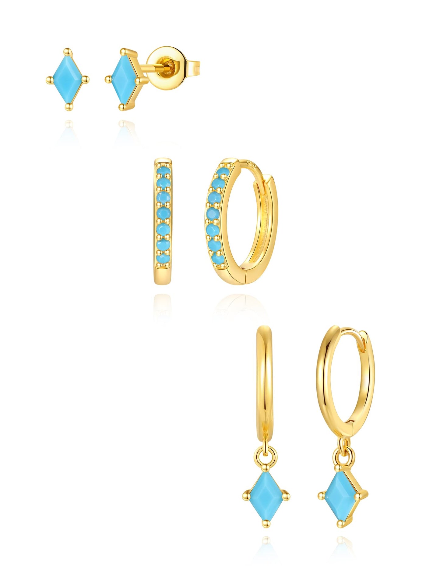 3 Pairs Gold Turquoise Earrings Set for Women, Dainty 14K Gold Plated Hypoallergenic Turquoise Dangle Hoop Earring, Trendy Small Gold Earring Stack, Western Earrings Jewelry Gifts
