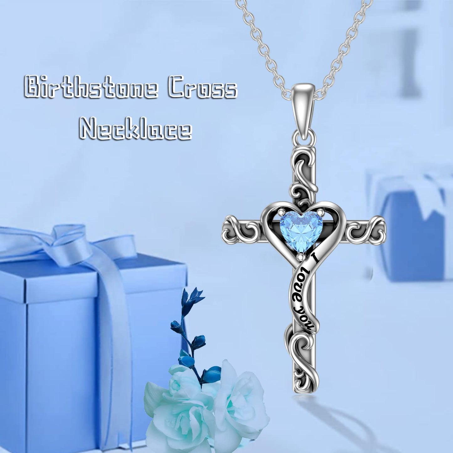 TOUPOP Aquamarine Cross Necklace for Women Sterling Silver March Birthstone Cross Pendant Necklace Heart Love Jewelry for Her Girlfriend Wife Mom Anniversary Birthday Mothers Day Gifts