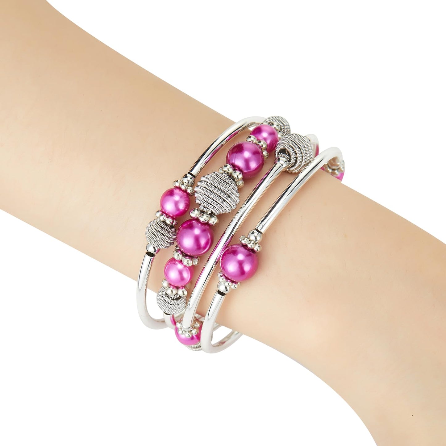 PEARL&CLUB Beaded Chakra Bangle Turquoise Bracelet - Fashion Jewelry Wrap Bracelet with Thick Silver Metal and Mala Beads, Birthday Gifts For Women(Fuchsia)