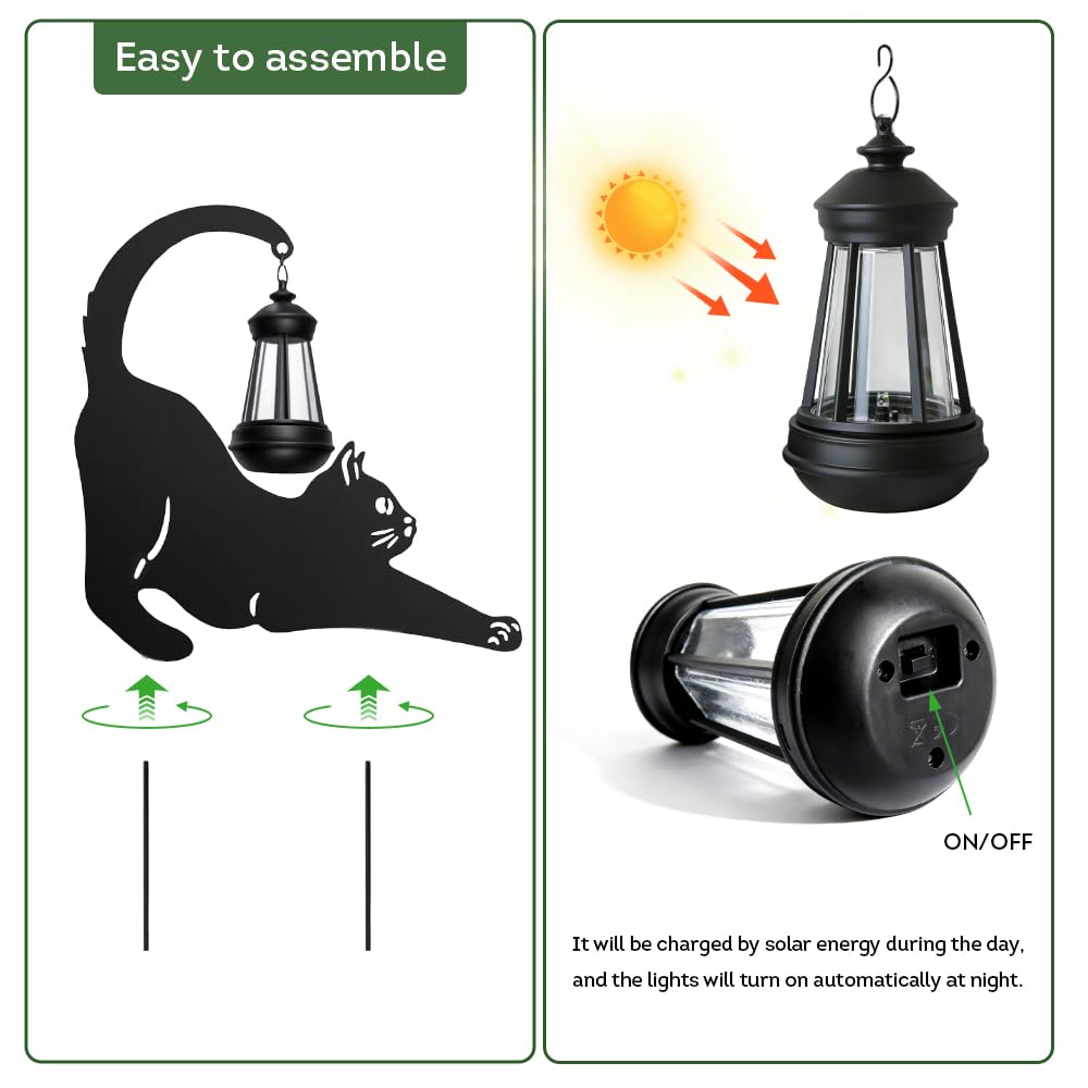Lily's Home Black Metal Cat Garden Decor with Solar Light Lantern - Outdoor Solar Lights for Pathway & Patio - Durable Waterproof Metal - Yard & Patio Decor - Unique Gift for Cat Lovers - 18'' Tall