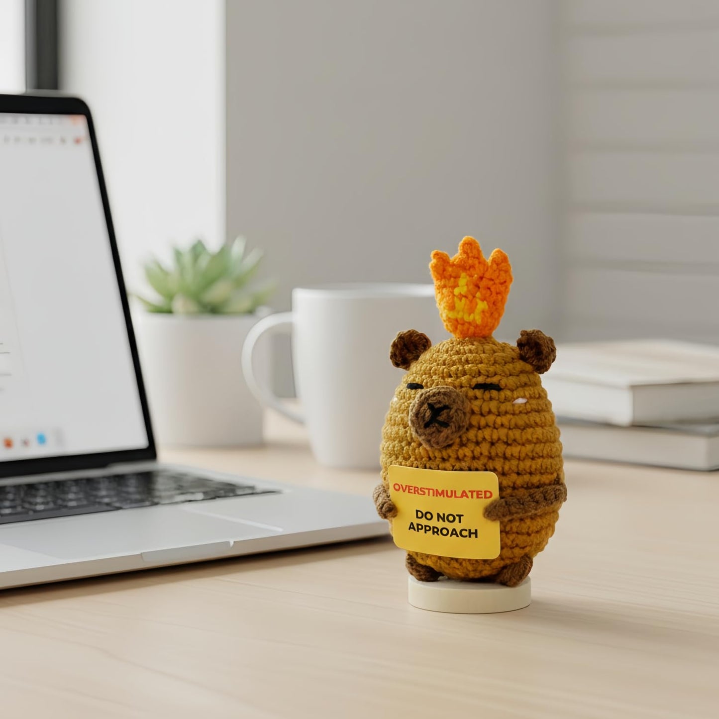 Overstimulated Do Not Approach Desk Sign, Handmade Crochet Capybara Plush with Card, Mini Desk Decor with Wooden Stand, Gift-Ready Organza Bag, Funny Office Cubicle & Home Office Gift