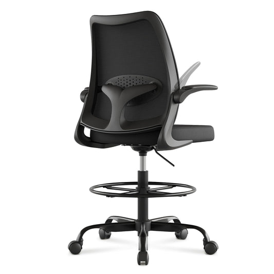 BERYTH Tall Office Chair for Standing Desks,High Desk Drafting Chair with Adjustable Footrest Ring,Ergonomic Lumbar Support,Flip-Up Armrests for Home Office,Black