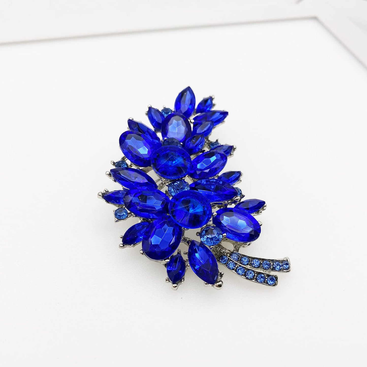 LAXPICOL Vintage Blue Austrian Crystal Flower Leaf Bouquet Clusters Large Big Brooch Pin For Women Jewerly