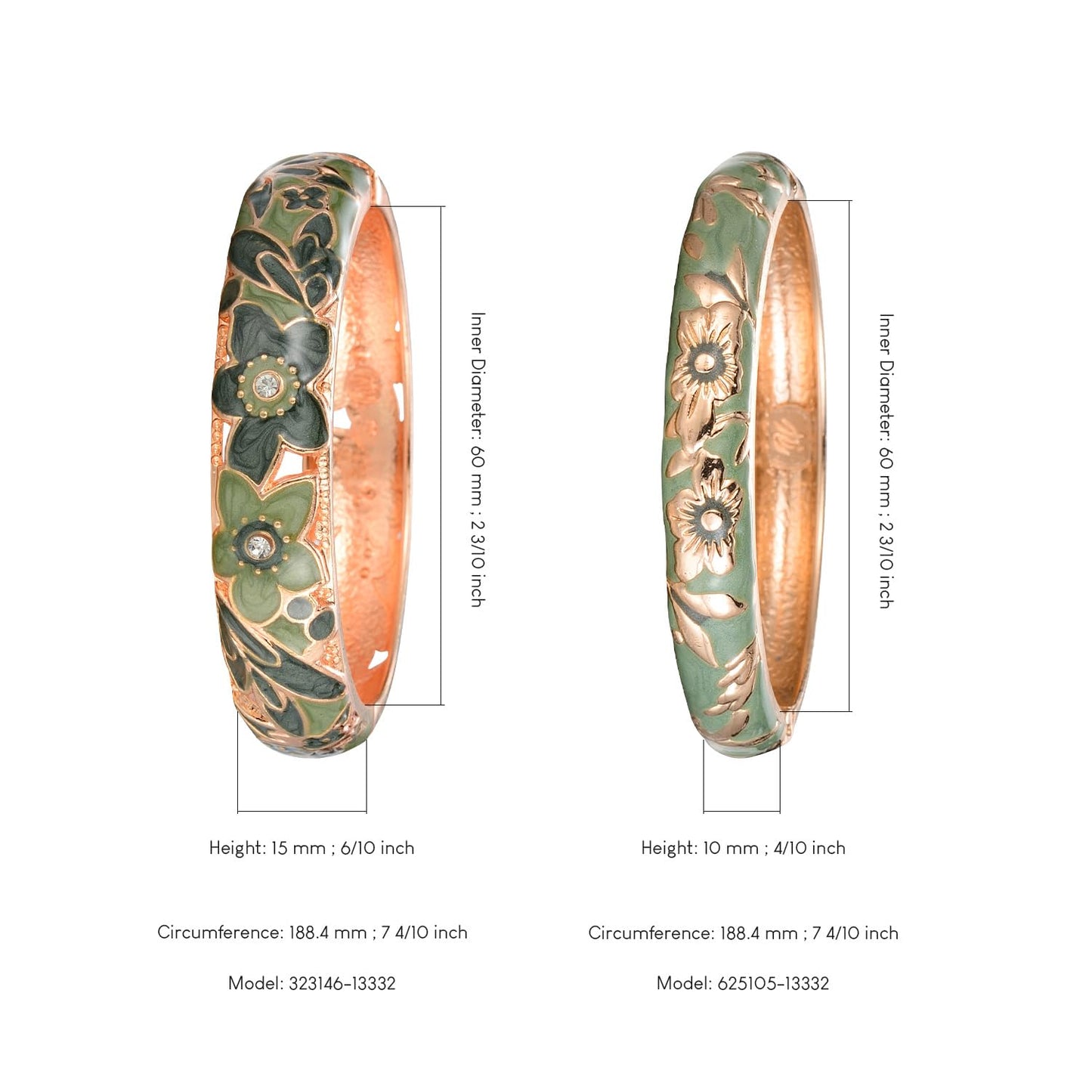 UJOY Cloisonne Bangle Colorful Enamel Golden Filigree Flower Hollowed Crystal Bracelet for Women Gifts 88A11-55A103 Green