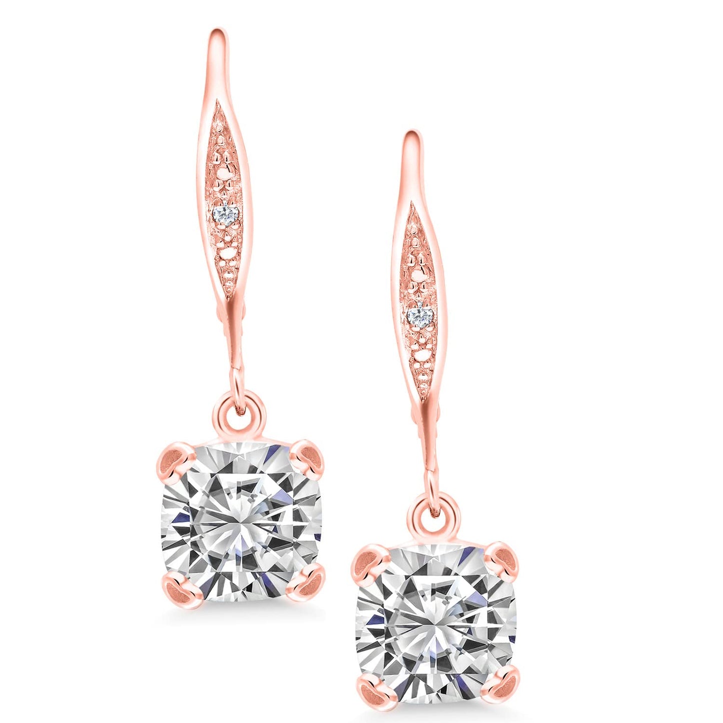Gem Stone King Drop Dangle Earrings For Women | 7MM Cushion Cut Gemstone Birthstone and Diamond | 925 Sterling Silver | Jewelry Gift for Mom Wife Her | White Moissanite-April | Rose Gold