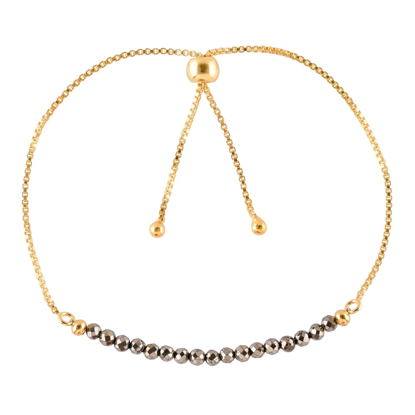 InfinityGemsArt Golden Pyrite Bracelets For Women Natural Birthstone Jewelry Micro Beads Beaded Stone Bolo Slider Crystals Gemstones, 14K Gold Plated Adjustable Chain, Gifts For Her