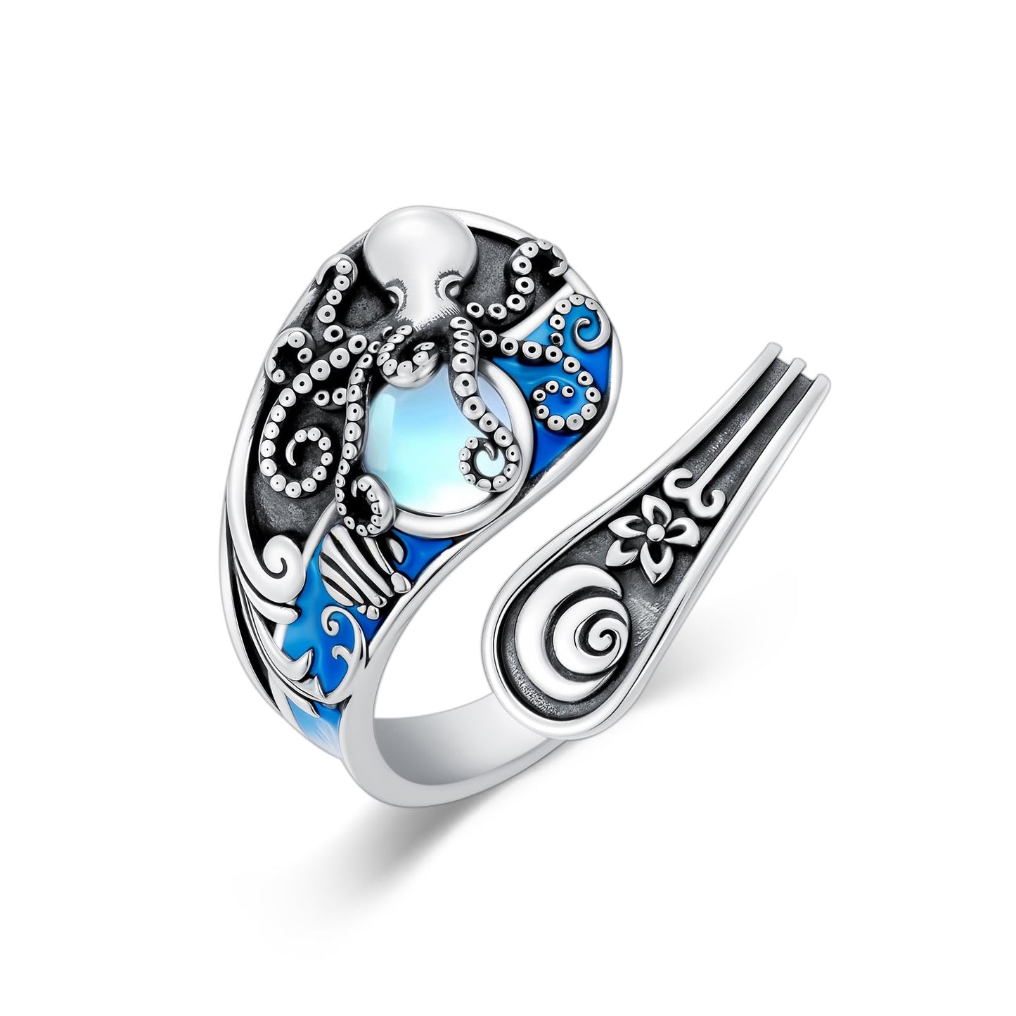 Midari Spoon Rings for Women 925 Sterling Silver Blue Octopus Adjustable Vintage Finger Thumb Rings Ocean Octopus Jewelry for Women Birthday Christmas Gift