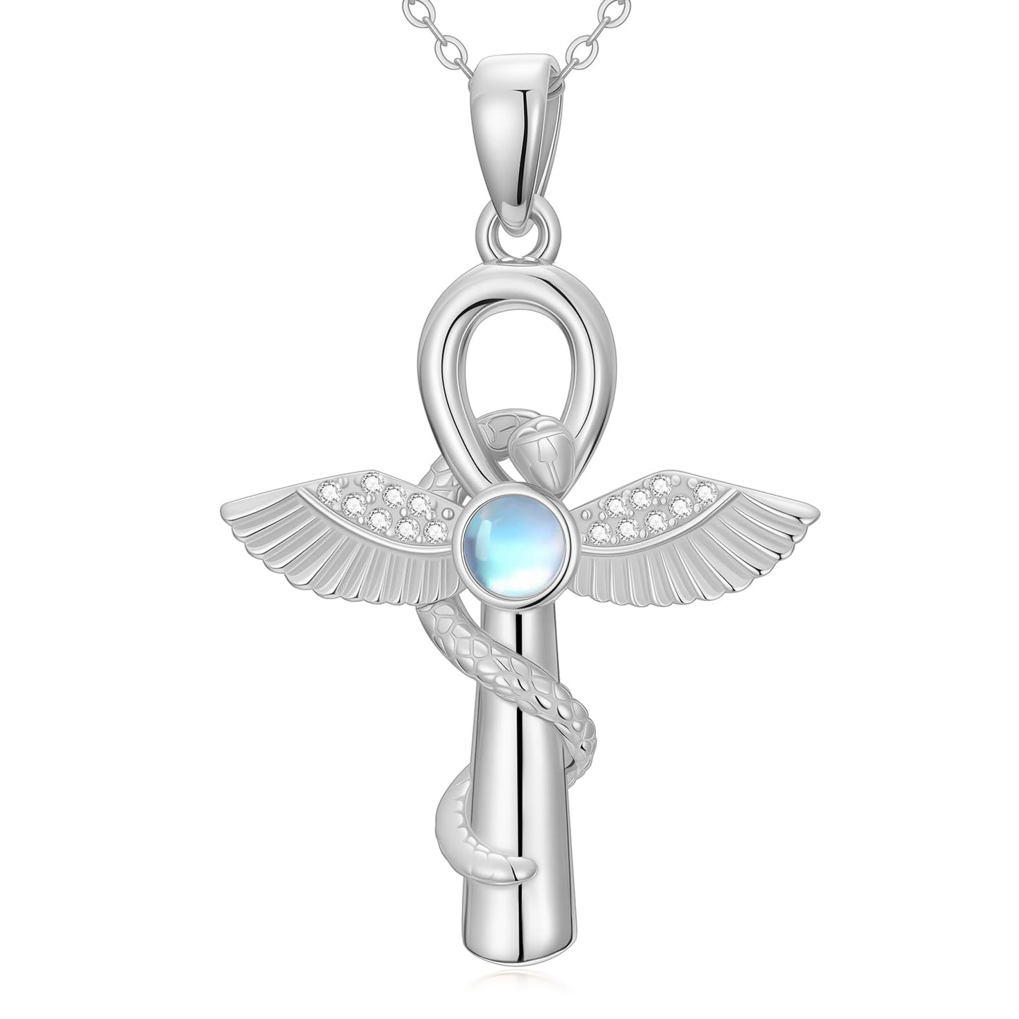 YEESIA Cross Necklace for Men and Women, 925 Sterling Silver Anka Cross Pendant Necklace with Moonstone, Egyptian Protective Jewelry Gift for Men and Women