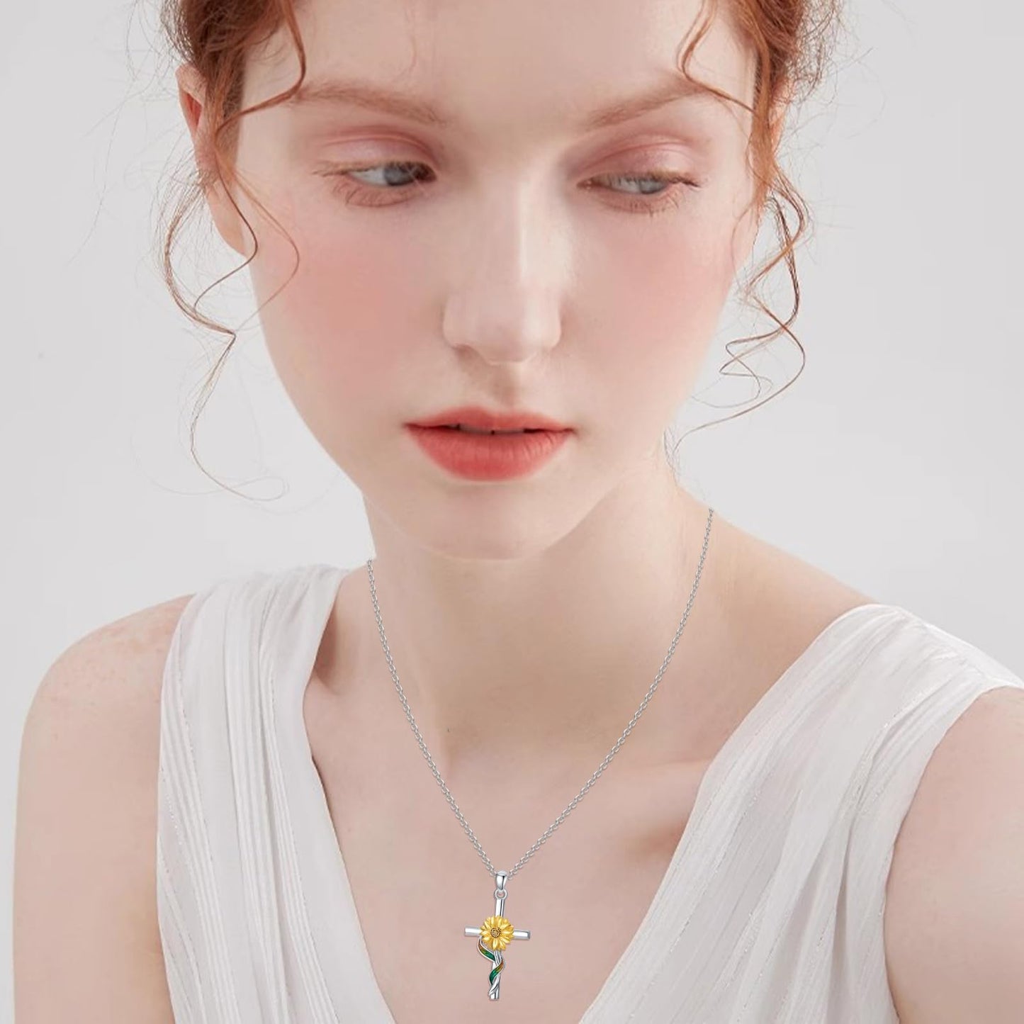 Silikepa Sunflower Necklace for Women 925 Sterling Silver Sunflower Cross Pendant Necklace Christian Jewelry Gift for Women