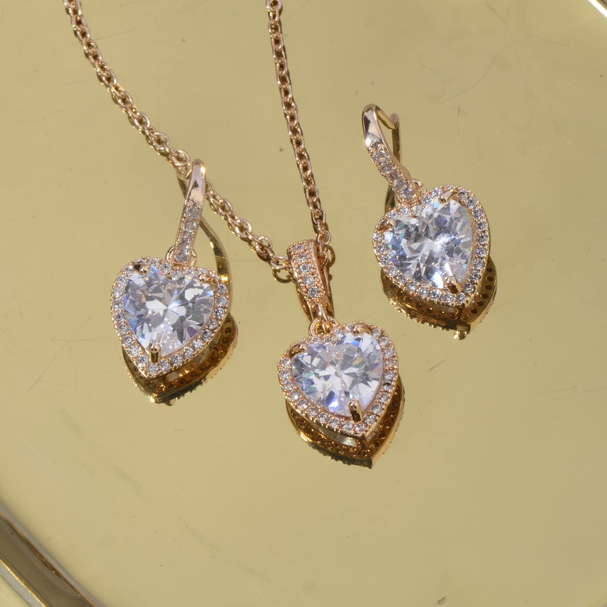 Mycitta Bridal Jewelry Set for Women - 925 Sterling Silver Dainty Small Love Heart Shape CZ Crystal Cubic Zirconia Rhinestone Necklace Earrings Set for Wedding Party Prom Gold Tone
