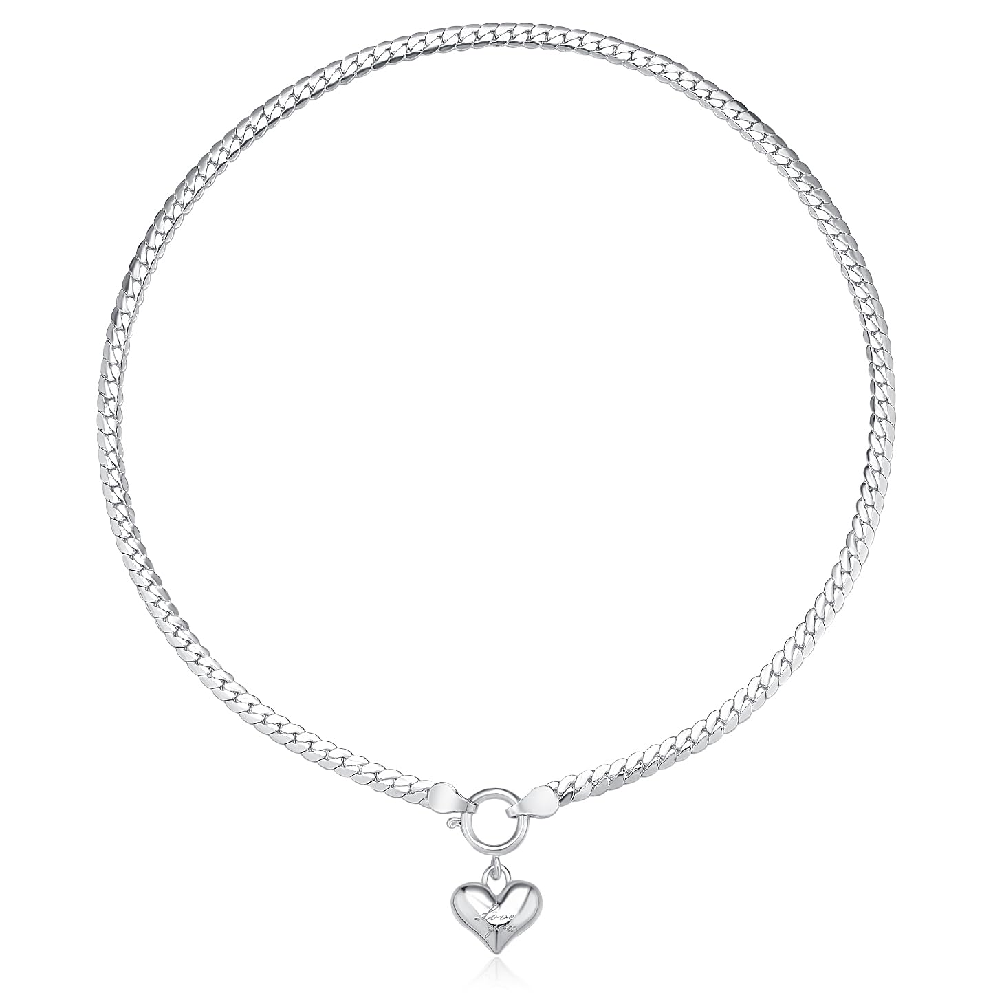 NUZON Love Heart Pendant Necklace for Women Silver Plated Thick Flat Herringbone Snake Chain Choker Engraving “Love You” Charm Sailor Lock Layering Jewelry 16’’