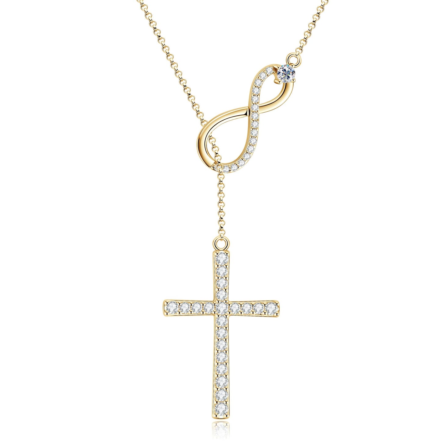 Moissanite Cross Lariat Necklace for Women Infinity Loop Cross Necklace 925 Sterling Silver Trendy Dainty Long Y Shape V-neck Necklace Jewelry Gifts for Wife, Girlfriend, Mom, Birthday, Anniversary Present