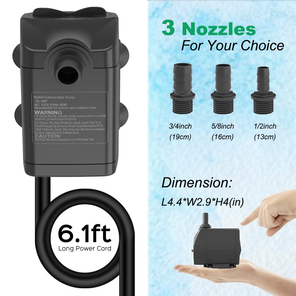 Knifel Submersible Water Pump, Ultra Quiet 660GPH (2500L/H 45W) Fountain Pump with Over Heating Protection 8.2ft High Lift, Pond Pump for Fish Tank, Pond, Aquarium, Statuary, Hydroponics