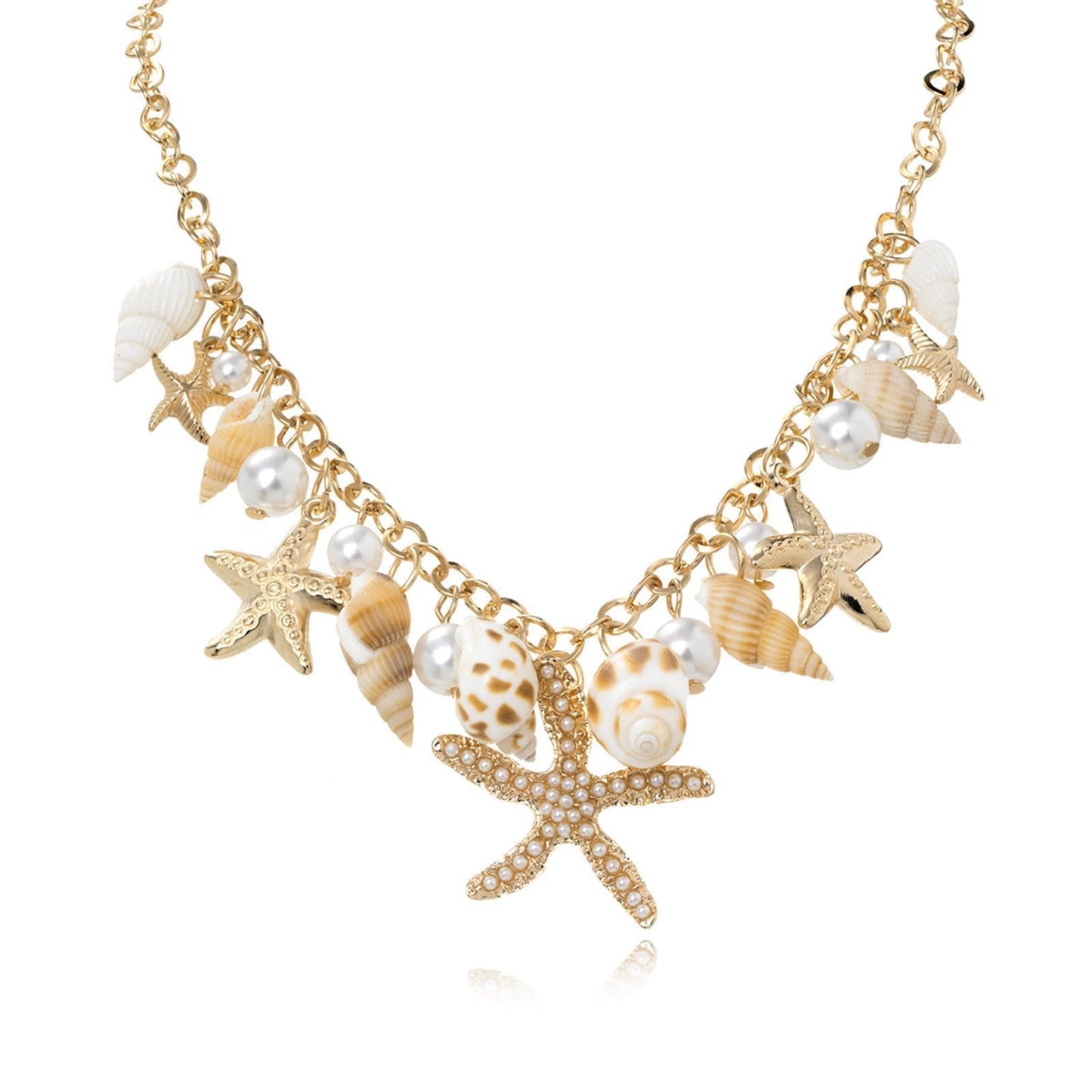 Shell Starfish Necklace for Women Gold Tone Layered Beach Jewelry Pearl Seashell Charm Adjustable Coastal Necklace for Summer Vacation Outfits Gifts