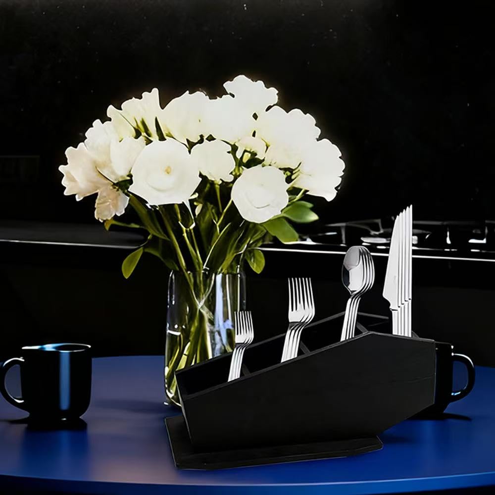 Gosuoa Coffin Utensil Holder Goth Christmas Decor, Black Wooden Goth Kitchen Home Decor, Spooky Gothic Gifts for Women