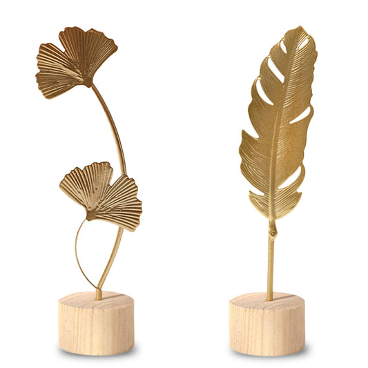Milnnie Two-Piece Luxury Nordic Metal Leaf Sculptures – Elegant Gold Ginkgo & Palm Leaf Art Décor, Modern Minimalist Metal Craft for Living Room, Entryway, Wine Cabinet, Home & Office Decoration