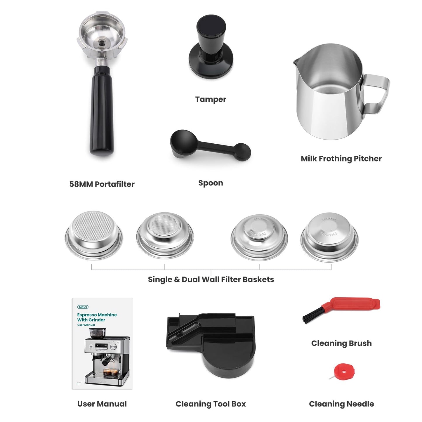Gevi Espresso Machine with Grinder & Milk Frother, 20 Bar Professional Coffee Maker for Home, Removable Water Tank, Steam Wand, Perfect for Espresso, Cappuccino, Latte