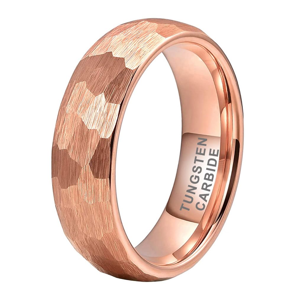 TUTISS 6mm Rose Gold Hammered Tungsten Rings for Men Women Engagement Wedding Bands Domed Matte Finish Comfort Fit Size 5