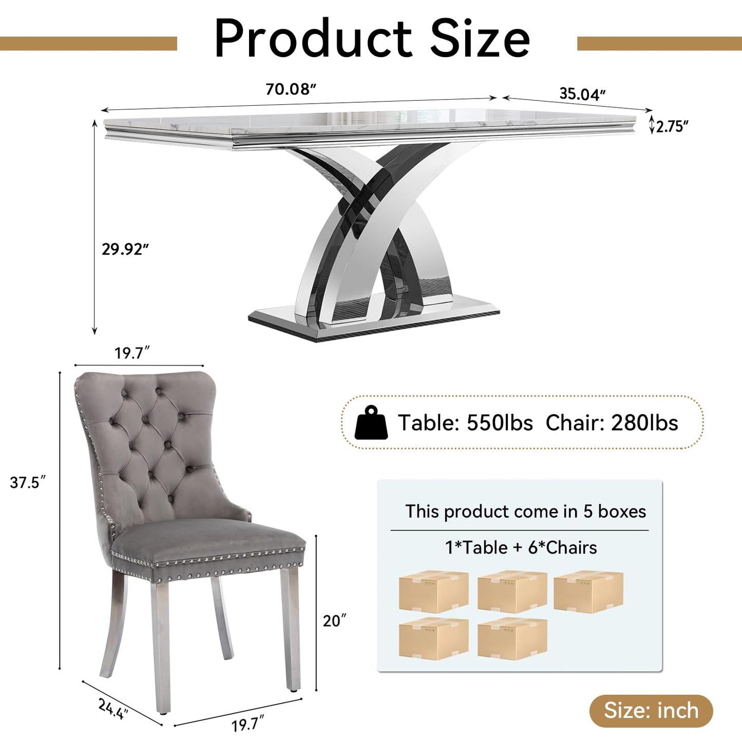 68" White Marble Dining Table Set for 6, Modern 7-Piece Faux Marble Kitchen Dining Room Table Set w/Steel X-Base & 6 Grey Velvet Dining Chairs, Luxury Silver Kitchen Table and Chairs Set of 6