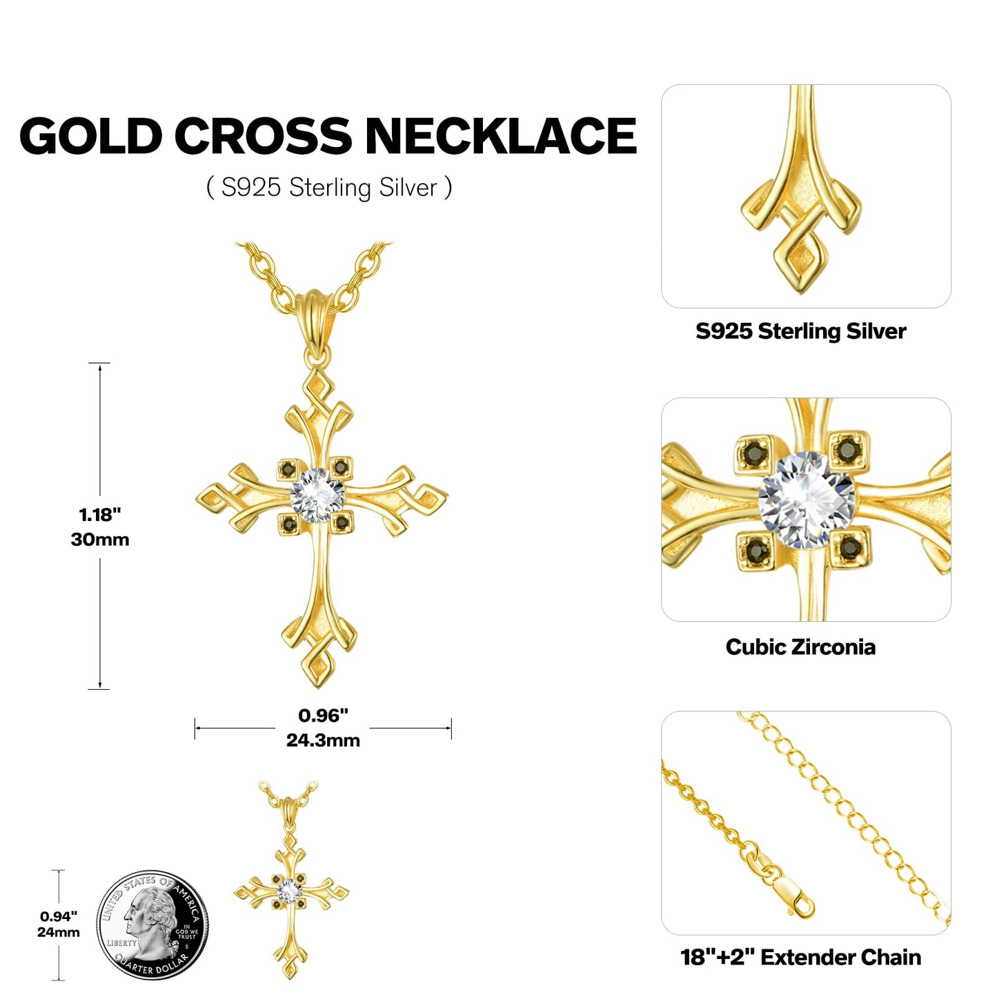 Dreamboat Sterling Silver Cross Necklace for Womens Gold Plated Cross Pendant Crucifix Necklace Faith Christian Jewelry Confirmation Religious Gifts Mother