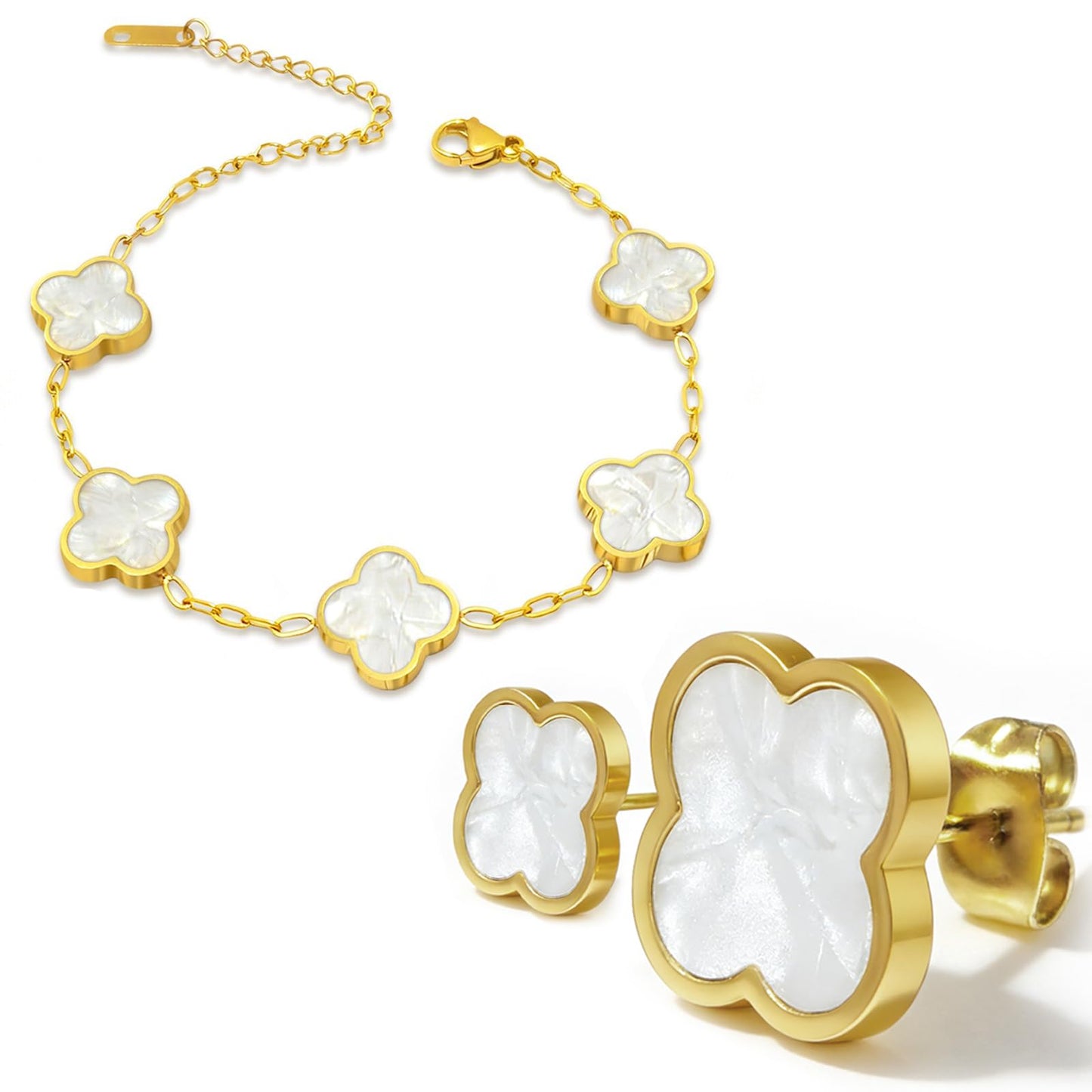 Aimétte Monette 18K Gold Plated Jewelry Set, Clover Bracelets and Stud Earrings Set Women's Hypoallergenic White Gold Lucky Clover Bracelet Fashion Gifts for Women Trendy