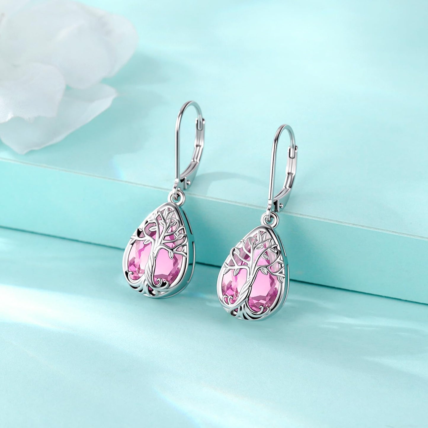 Eusense Teardrop Dangle Earrings Sterling Silver Tree of Life Birthstone Jewelry Tourmaline Pink Leverback Tree of Life Earrings Gift for Women