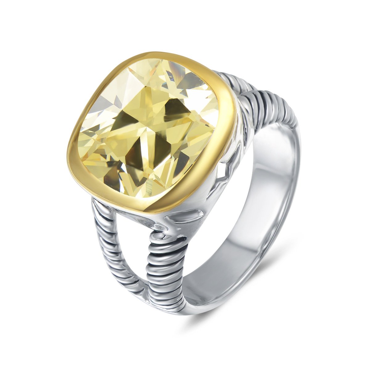 UNY JEWEL Twisted Cable Wire Two Tone Cusion Cut CZ Statement Ring Designer Inspired Fashion Love Antique Women Jewelry Gift (Yellow, 7)