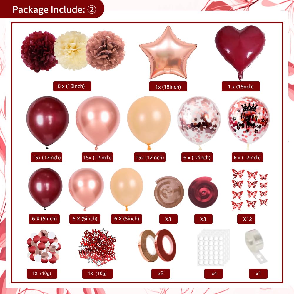 Burgundy Rose Gold Birthday Decorations with Happy Birthday Banner, Balloons, Sash, Crown, Butterfly, Hanging Swirls, Flower Tablecloth, Fringe Curtain, Pompoms for Women Girls Party Backdrop Supplies