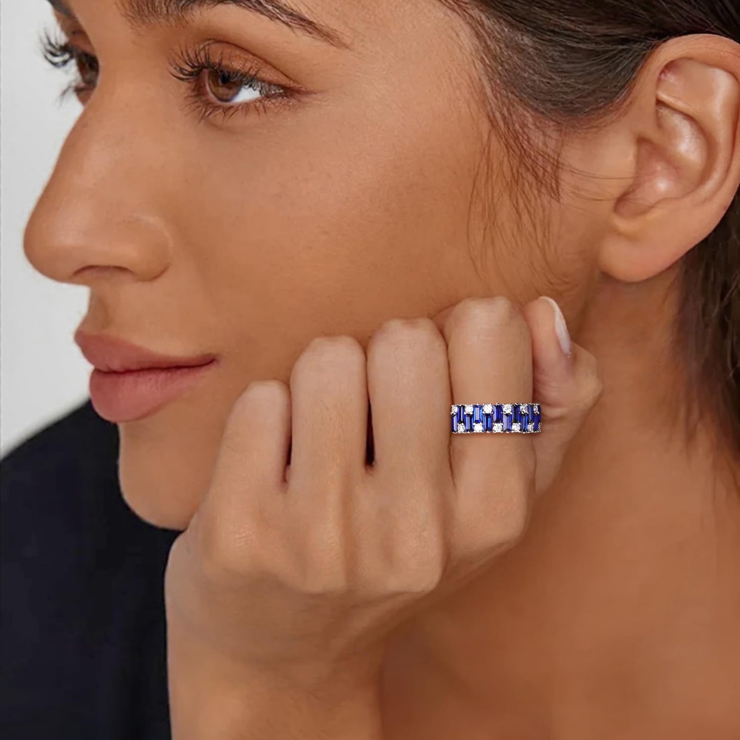 RANDES Sapphire Band Rings for Women 925 Sterling Silver Emerald Cut Eternity Band Blue Ring September Birthstone Ring Size 6