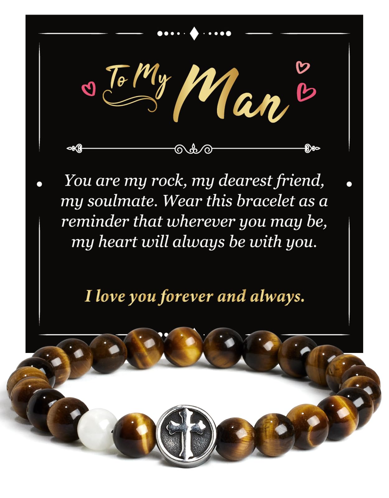 Landorilo Gifts for Men, 8mm Cross Natural Stone Beaded Bracelets, Yellow Tiger Eye Healing Bracelet, Handmade Mens Jewelry Gift for Him, Husband, Son, Father, Friend(To My Son-8.3in)