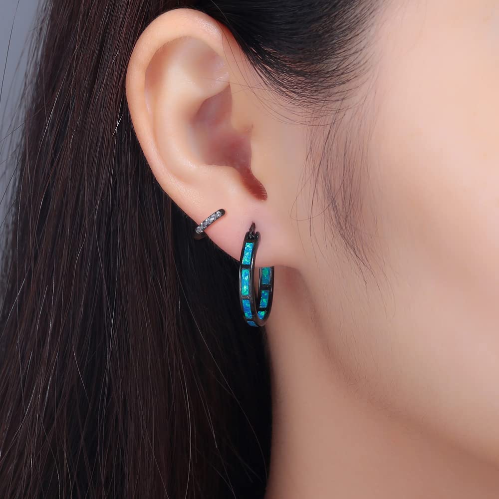 CiNily 2 Pairs Hoop Earring Set for Women Black Gold Plated Blue Opal Small Hoop Earring Hypoallergenic Cubic Zirconia Tiny Earrings