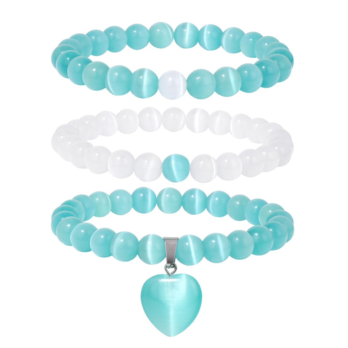 Vinswet Healing Crystal Beaded Bracelets for Women,Natural Amethyst Moonstone Gemstones Bracelet,Anxiety Stress Relief Heart Charm Bracelet Handmade purple Jewelry Gifts for Women (3pcs) (White Cat Eyes&green Cat Eyes)