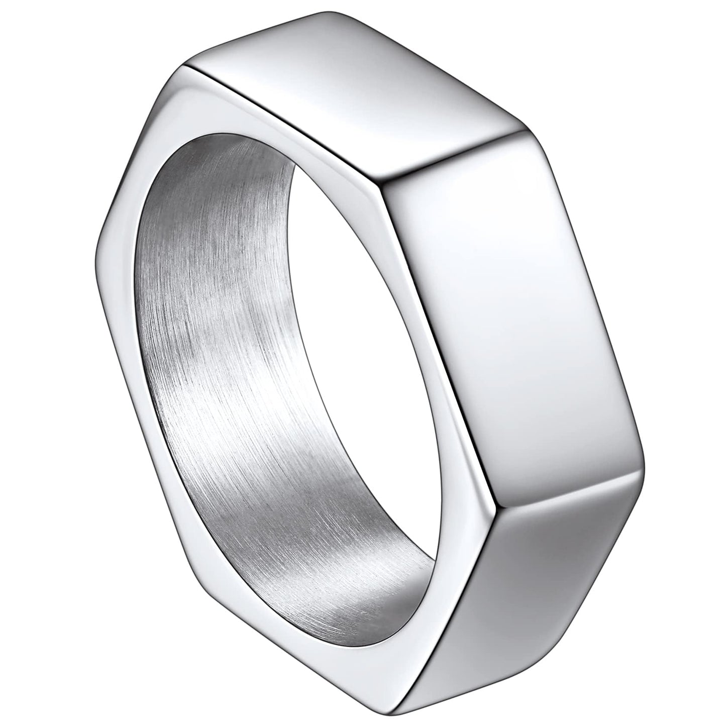 ChainsHouse Men's Punk Stainless Steel Gothic Screw Edge Hexagon Geometric Biker Ring Bands, Size 7