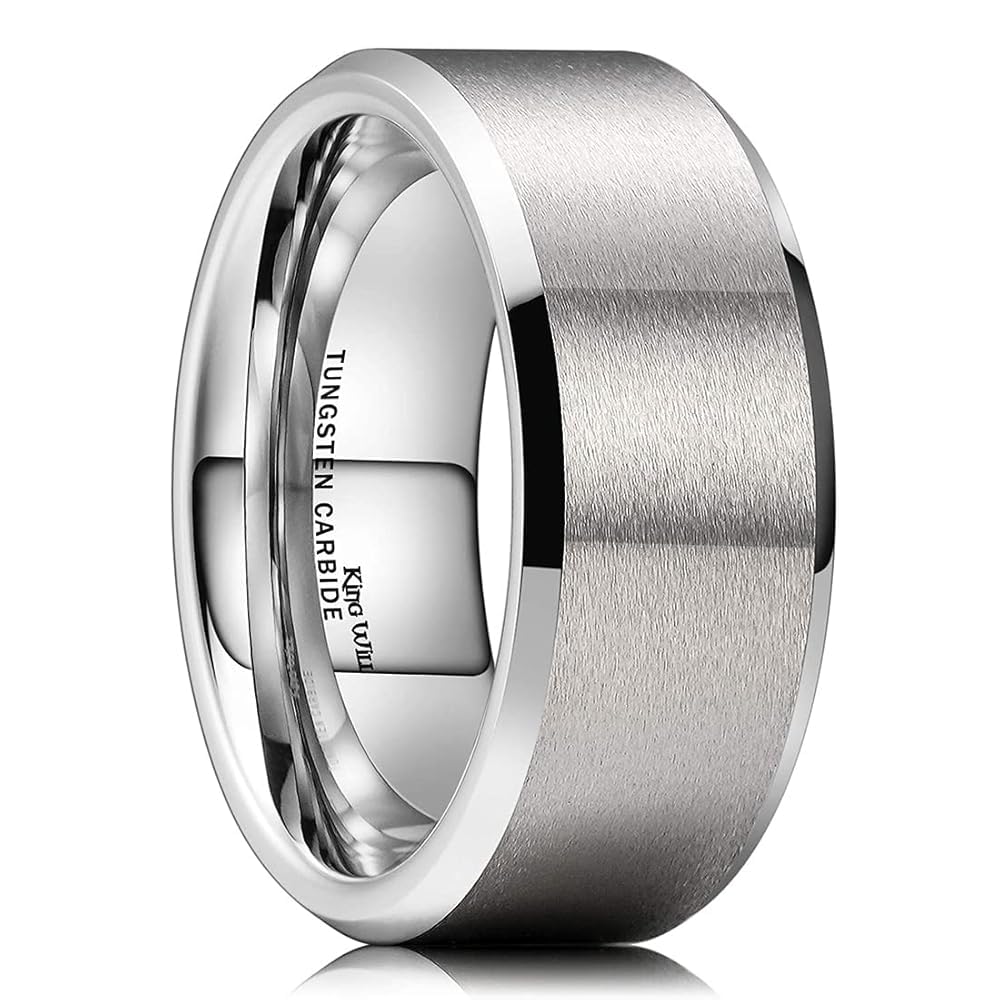 King Will Silver 9mm Men's Wedding Ring - Brushed Matte Finish, Beveled Polished Edge, Comfort Fit Size 12