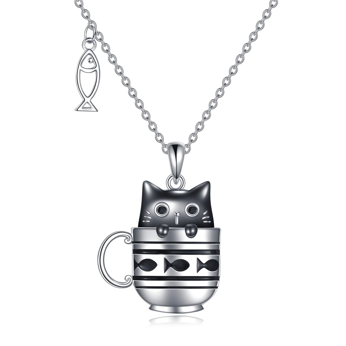 YAFEINI Black Cat Necklace S925 Sterling Silver Cup Cat Pendant Necklaces with Fish Cats Jewelry Gifts for Women Mom Wife Friends