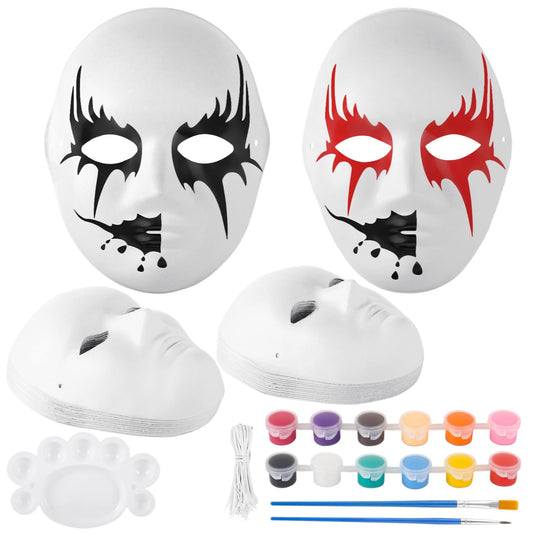 50 Pcs Paper Mache Masks, DIY Blank White Masks, Full Face Set with 5 Paint Sets & Palettes, 25 Male & 25 Female Paintable Masks for Halloween, Masquerade, Craft Projects
