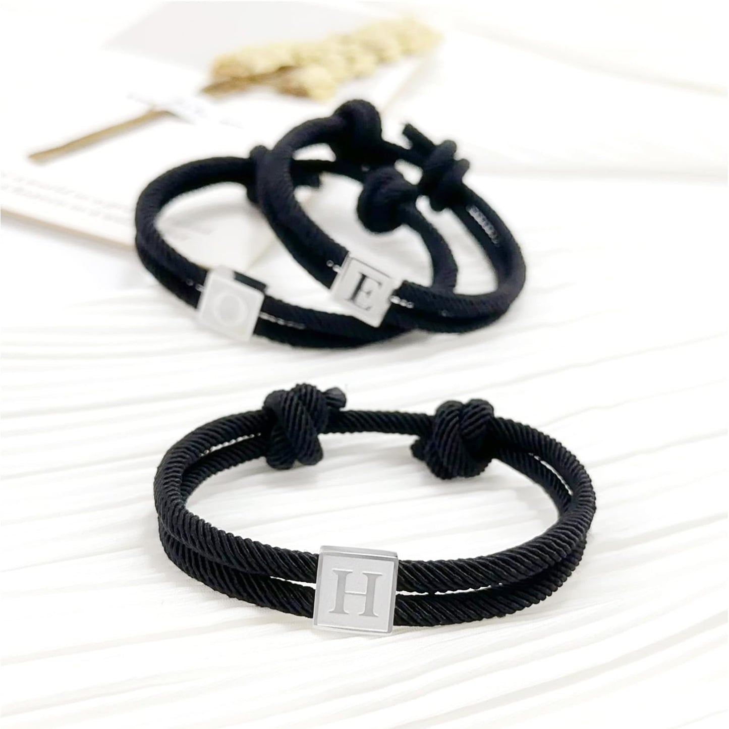 BHDJSHX Personalized Initial Rope Bracelet for Men, Stainless Steel A-Z Letter Bracelet,Adjustable Handmade Braided Black Cord,7-13 Inches,Gifts For Men,Brothers,Son,Boyfriend(K)