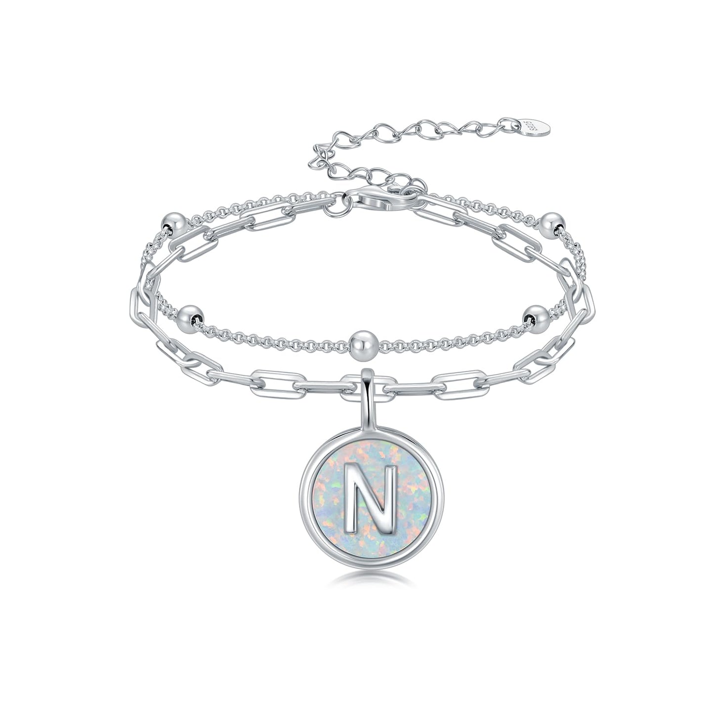 LWQQWL Initial N Bracelet for Women 925 Sterling Silver Layered Initial Bracelet Opal Letter 26 Alphabet Jewelry Christmas Gifts