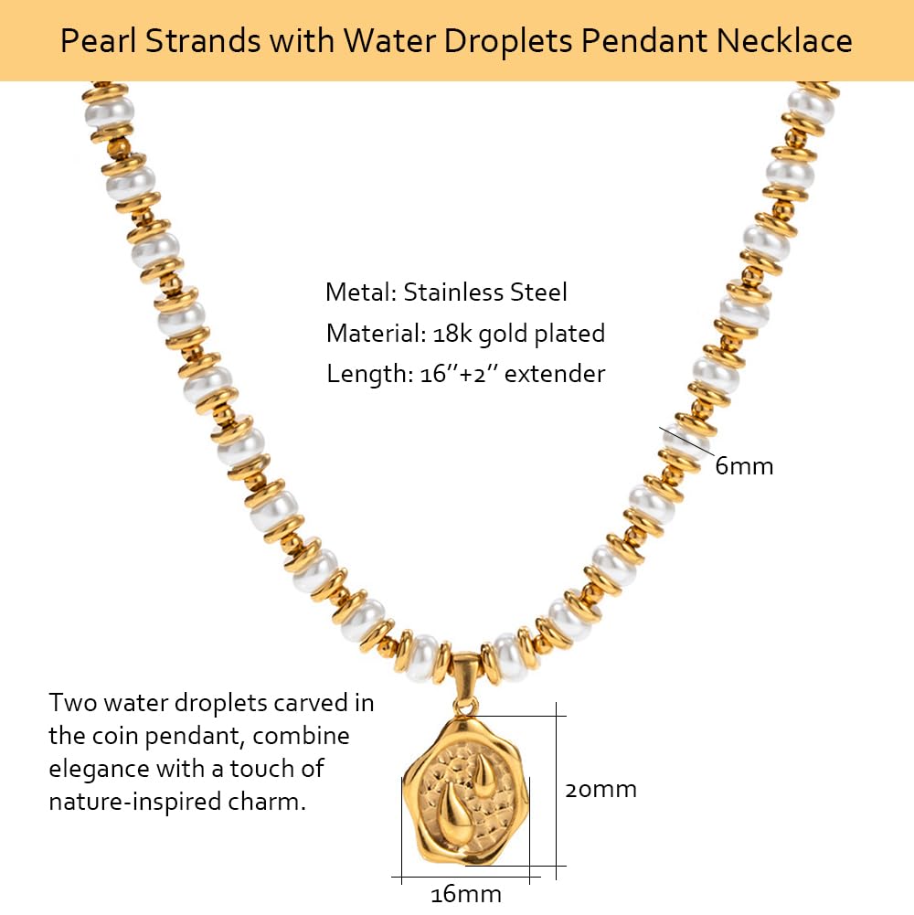 White Pearl Beaded Necklace Choker for Women 18K Gold Plated Stainless Steel Teardrop Coin Pendant Necklace Handmade Button Pearl Strand Vintage Jewelry 16’’