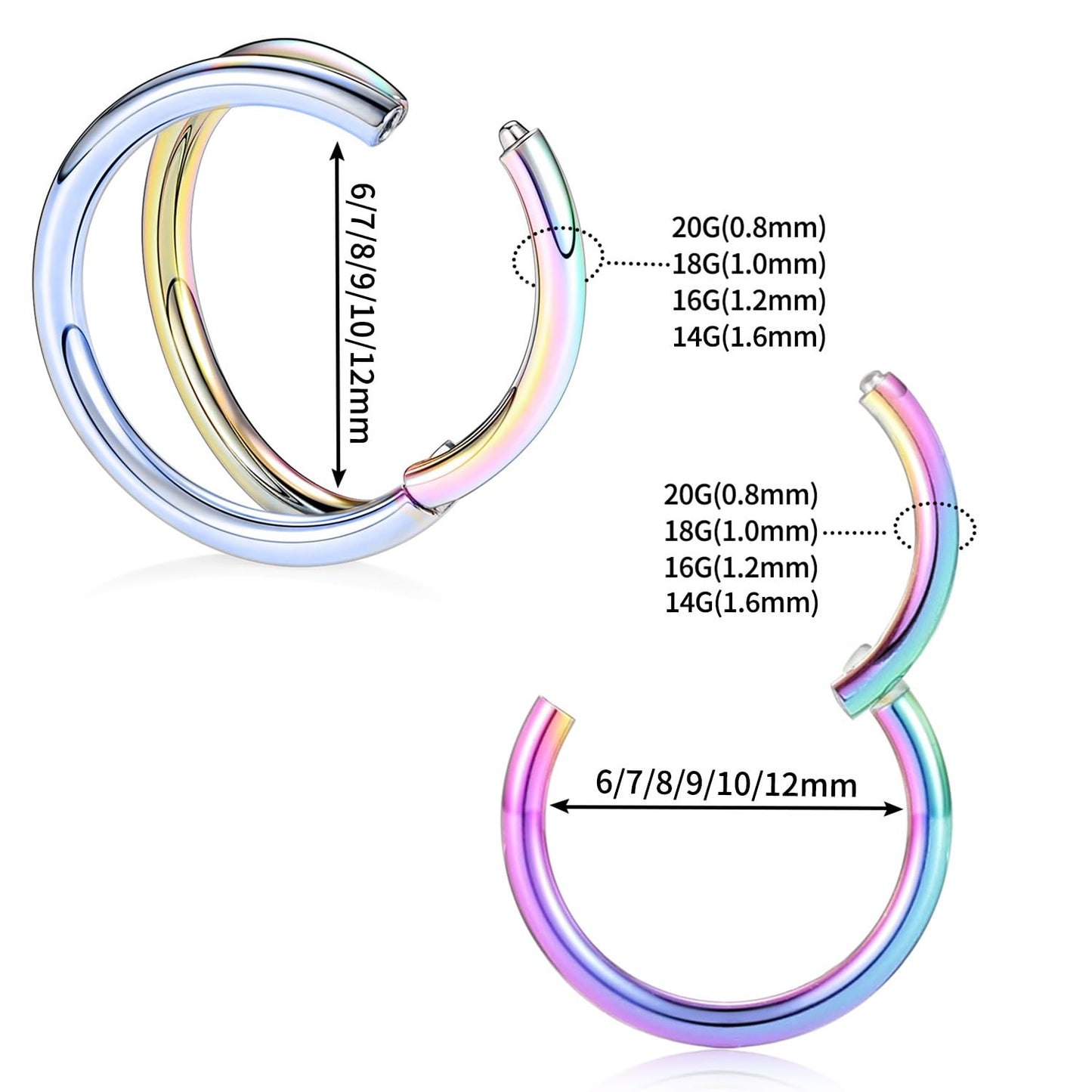 Septum Jewelry 8mm Double Hoop Rainbow Nose Rings 18 Gauge 18g Cartilage Earring Lip Rings Surgical Steel Helix Earrings Nose Piercing