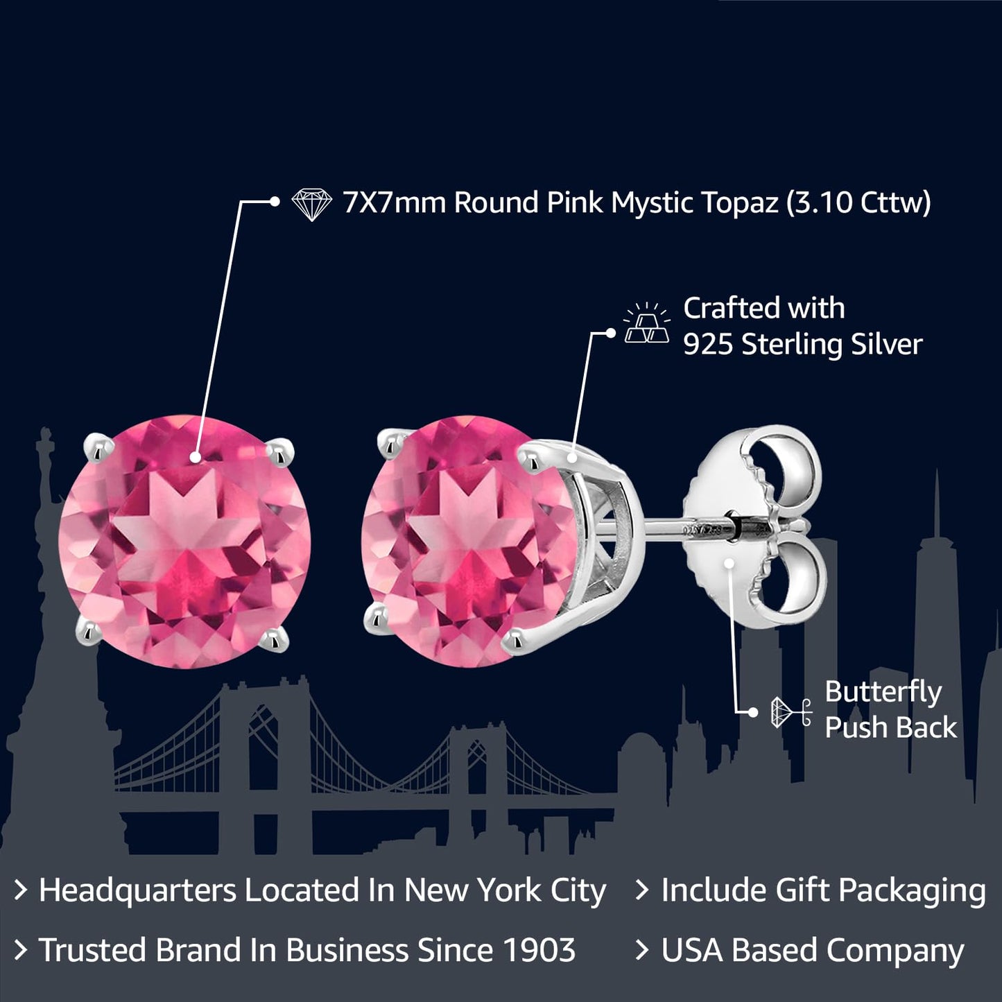 Gem Stone King 2-4 Cttw Round Gemstone Birthstone Stud Earrings For Women Men | 925 Sterling Silver | Round 7MM | Fine Jewelry Gifts for Women Her Mom Wife Men | Pink Mystic Topaz