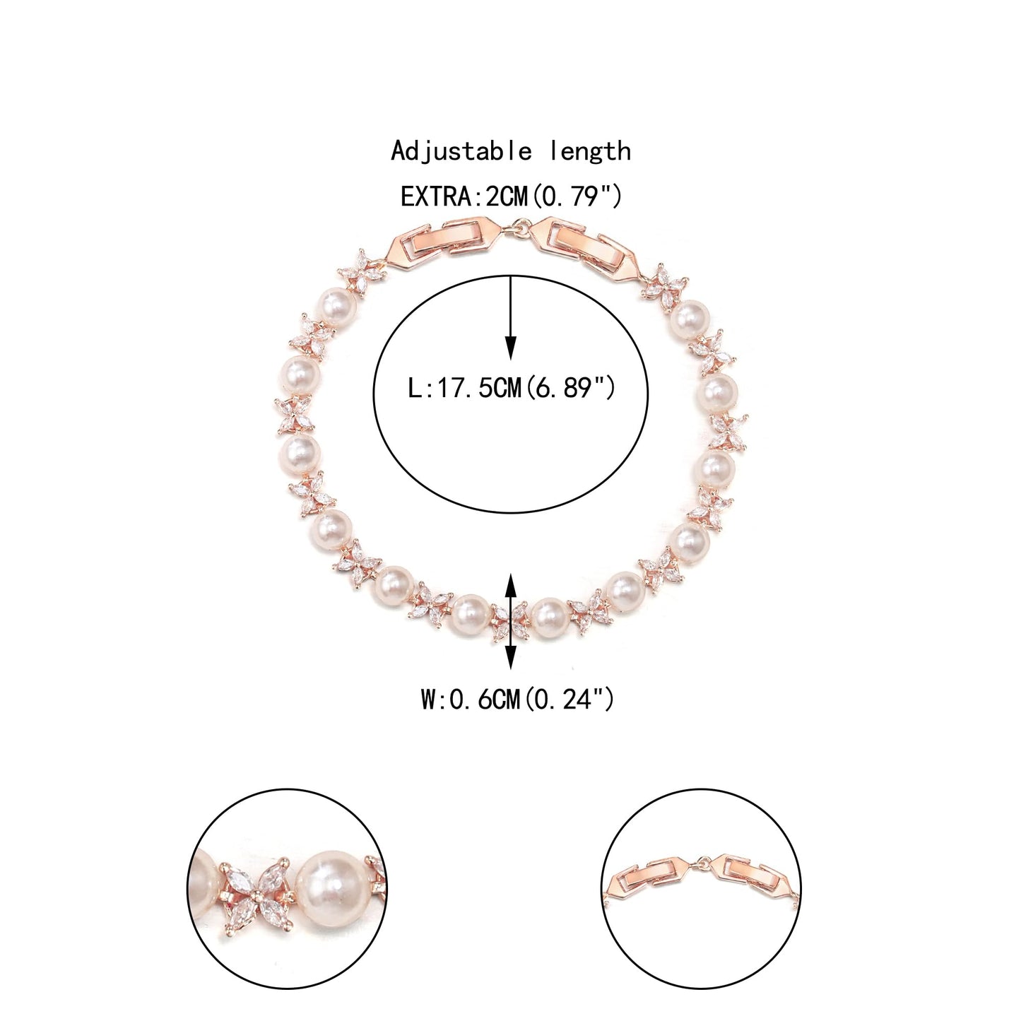 EVER FAITH Wedding Jewelry for Bride White Marquise Cubic Zirconia Cream Faux Pearl Floral Bridal Prom Tennis Bracelet for Women Clear Rose Gold-Plated-Brass