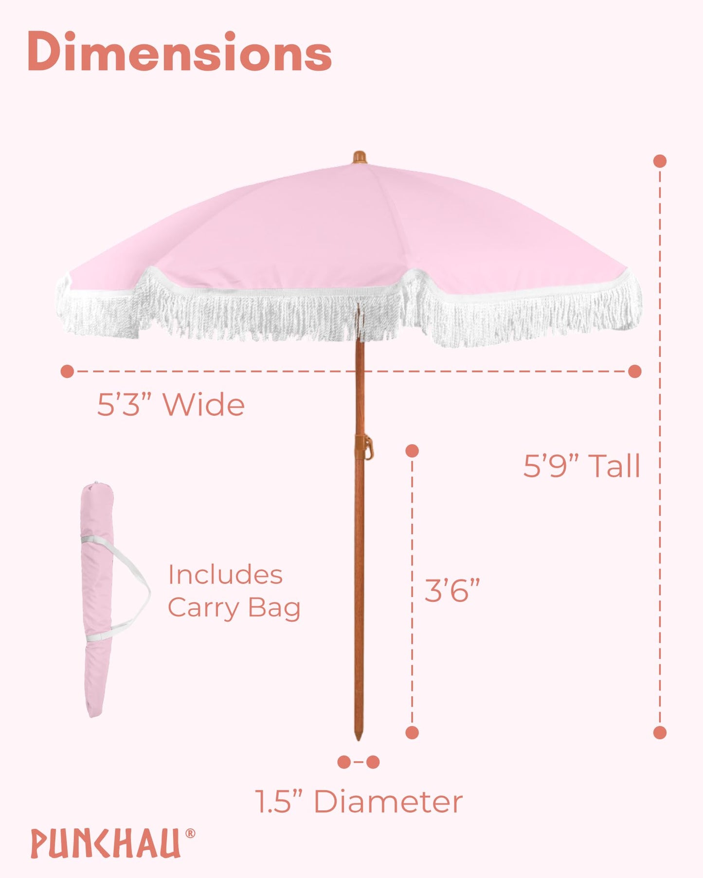 Punchau 6 Ft Fringe Patio Umbrella - Outdoor Umbrella for Patio, Pool, Table, Garden, Deck, and Beach - Push Button Tilt Pole - Fashionable Boho Vintage Tassels and Wood Print - Pink